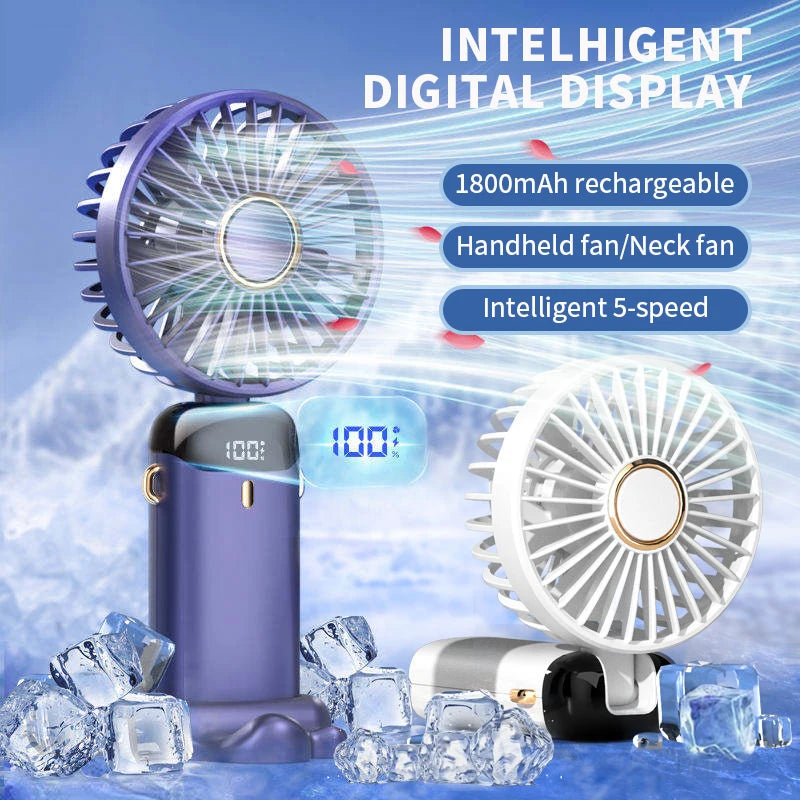 Foldable Neck Fan with Phone Stand – 5 Speeds, 1800mAh