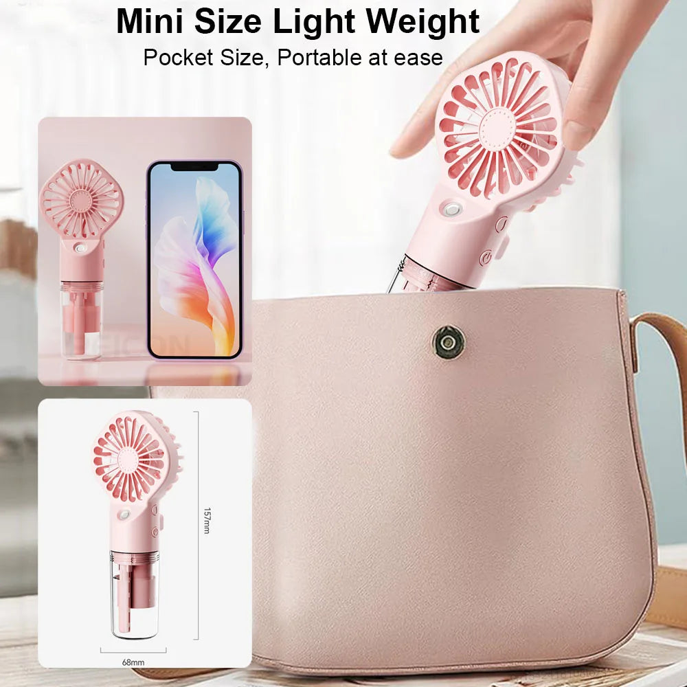 Portable Handheld Spray Fan with Mist – 4 Speeds, USB Rechargeable