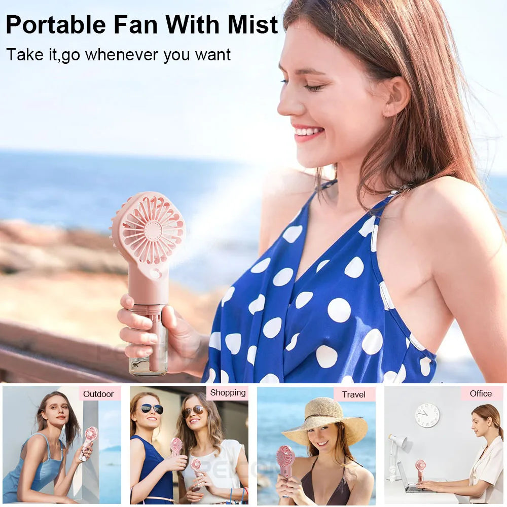 Portable Handheld Spray Fan with Mist – 4 Speeds, USB Rechargeable