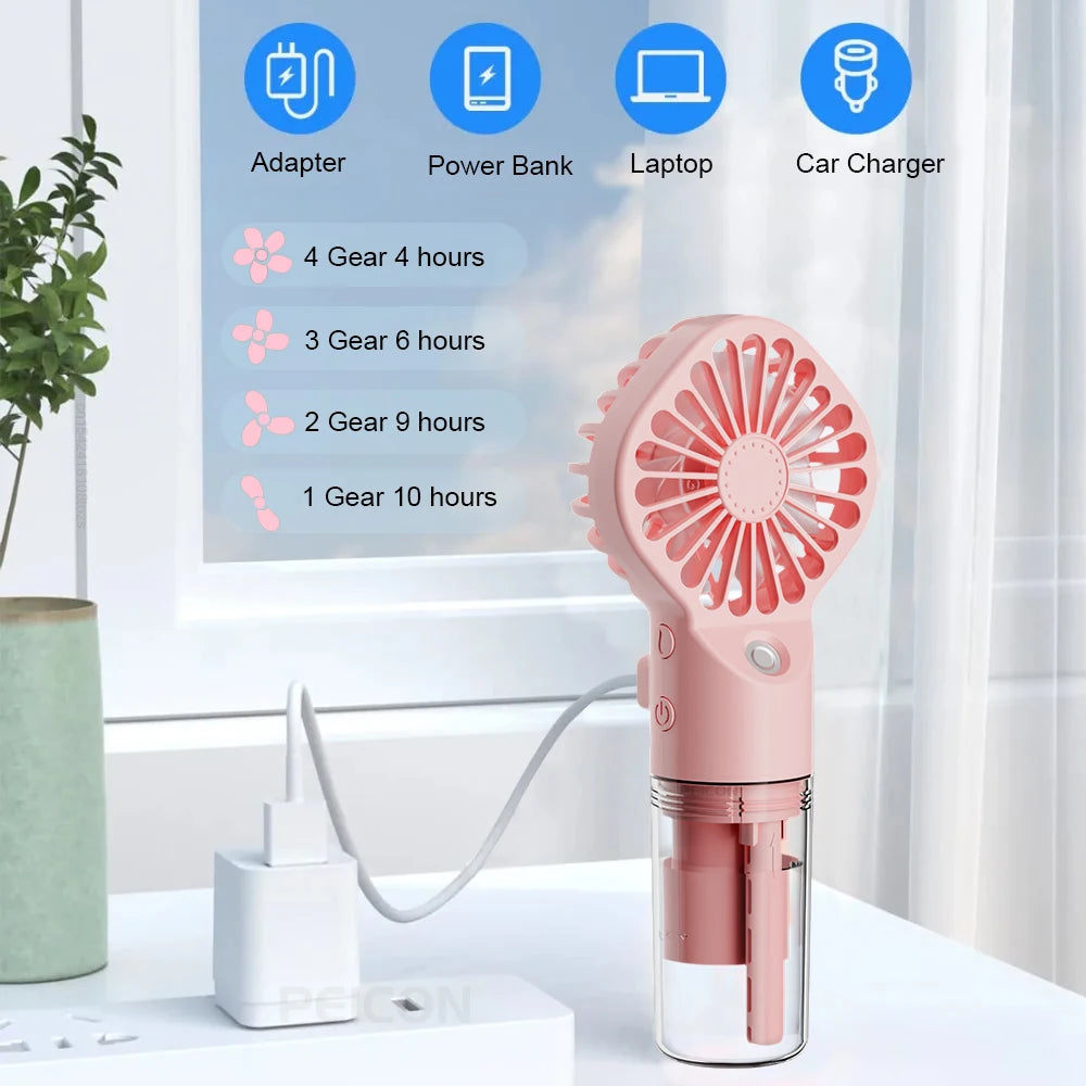 Portable Handheld Spray Fan with Mist – 4 Speeds, USB Rechargeable