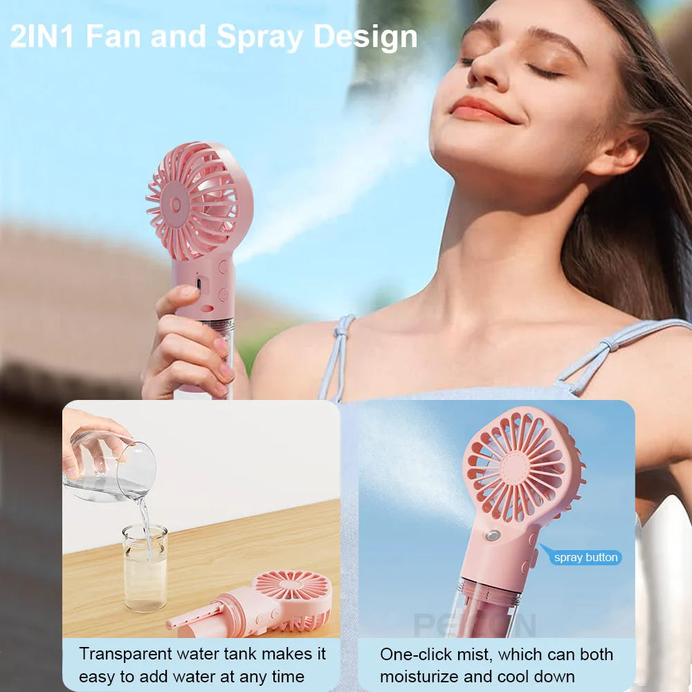 Portable Handheld Spray Fan with Mist – 4 Speeds, USB Rechargeable
